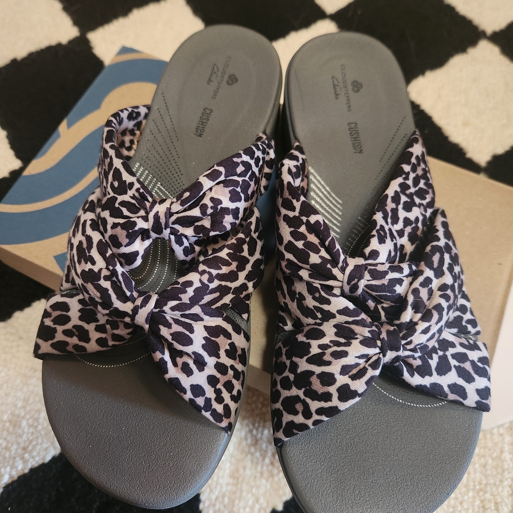 Clarks Black and White Leopard Print Sandals
